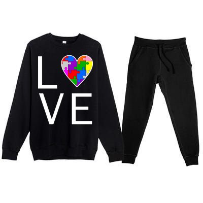 Love Autism Heart Puzzle Pieces Premium Crewneck Sweatsuit Set