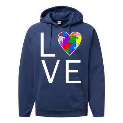 Love Autism Heart Puzzle Pieces Performance Fleece Hoodie