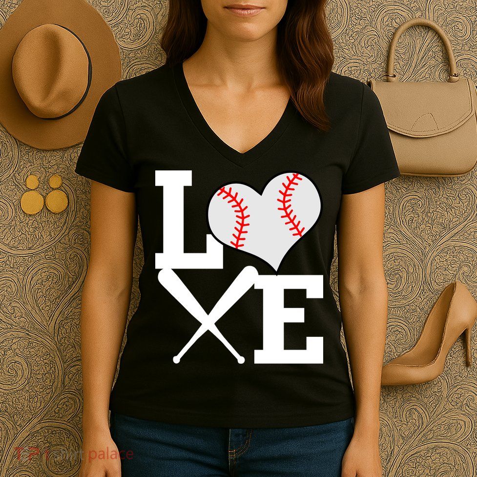 Love Baseball Heart Graphic Women's V-Neck T-Shirt