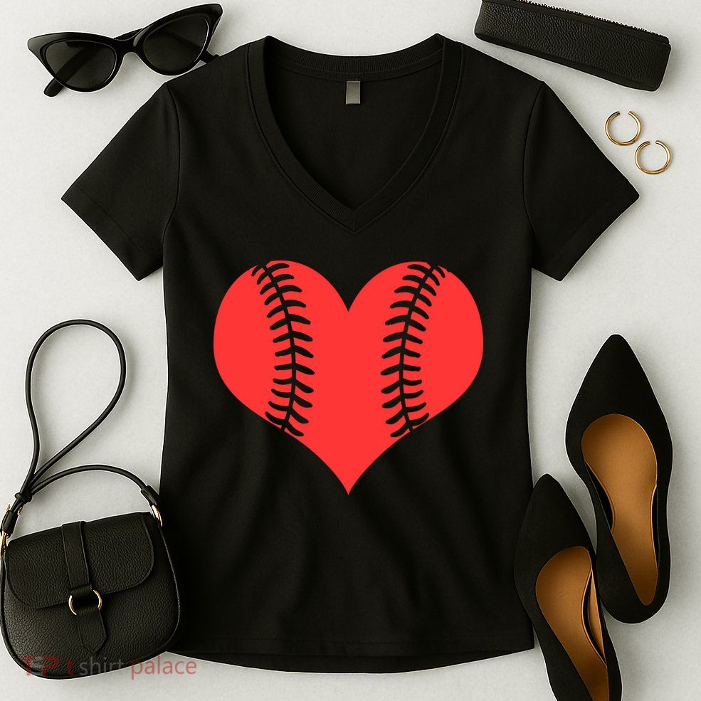 Love Baseball Red Heart Women's V-Neck T-Shirt