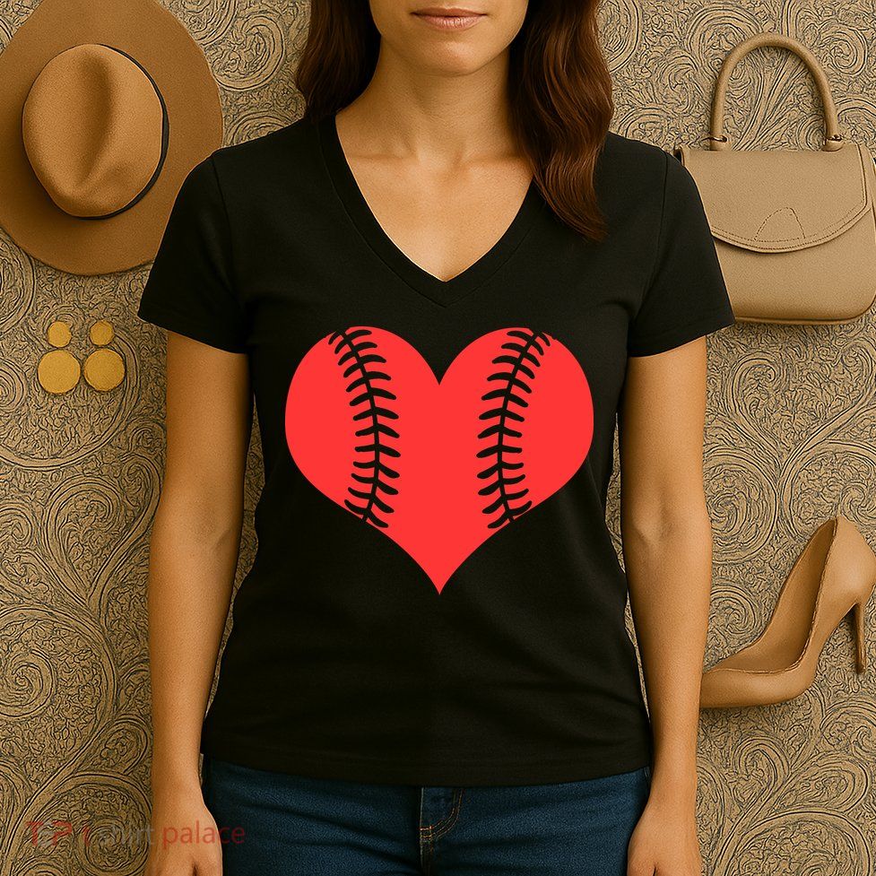 Love Baseball Red Heart Women's V-Neck T-Shirt