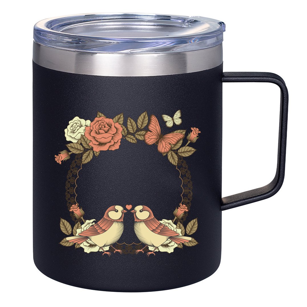 Love Birds Vintage Heart Frame 12oz Stainless Steel Coffee Mug