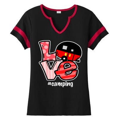 Love Camping Cartoon Ladies Halftime Notch Neck Tee