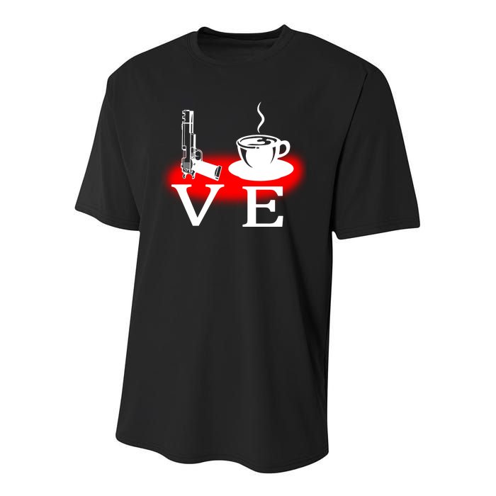 Love Coffee And Guns Youth Performance Sprint T-Shirt