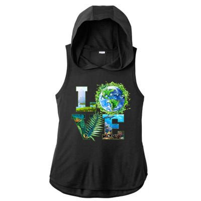 LOVE Earth Day Celebration Ladies PosiCharge Tri-Blend Wicking Draft Hoodie Tank