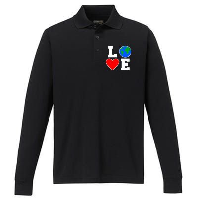 Love Earth Day Globe Heart Science Performance Long Sleeve Polo