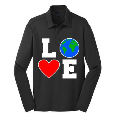 Love Earth Day Globe Heart Science Silk Touch Performance Long Sleeve Polo