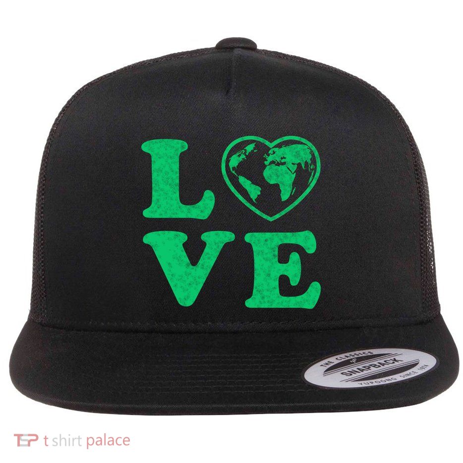 Love Earth Distressed Heart Flat Bill Trucker Hat