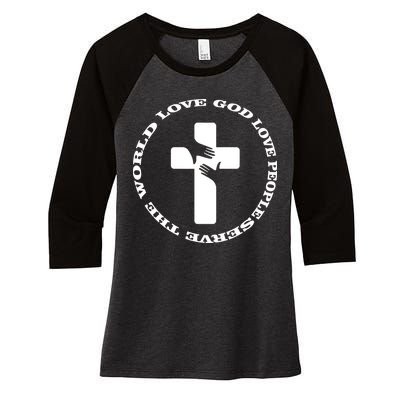 Love God People The World Women's Tri-Blend 3/4-Sleeve Raglan Shirt