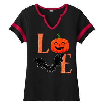 Love Halloween Pumpkin Bat Ladies Halftime Notch Neck Tee