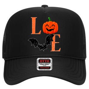 Love Halloween Pumpkin Bat High Crown Mesh Back Trucker Hat