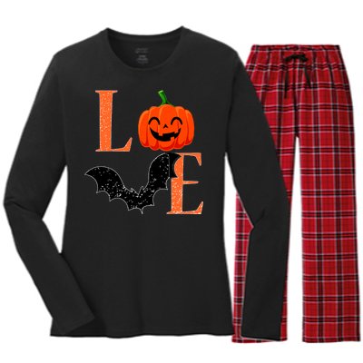 Love Halloween Pumpkin Bat Women's Long Sleeve Flannel Pajama Set 