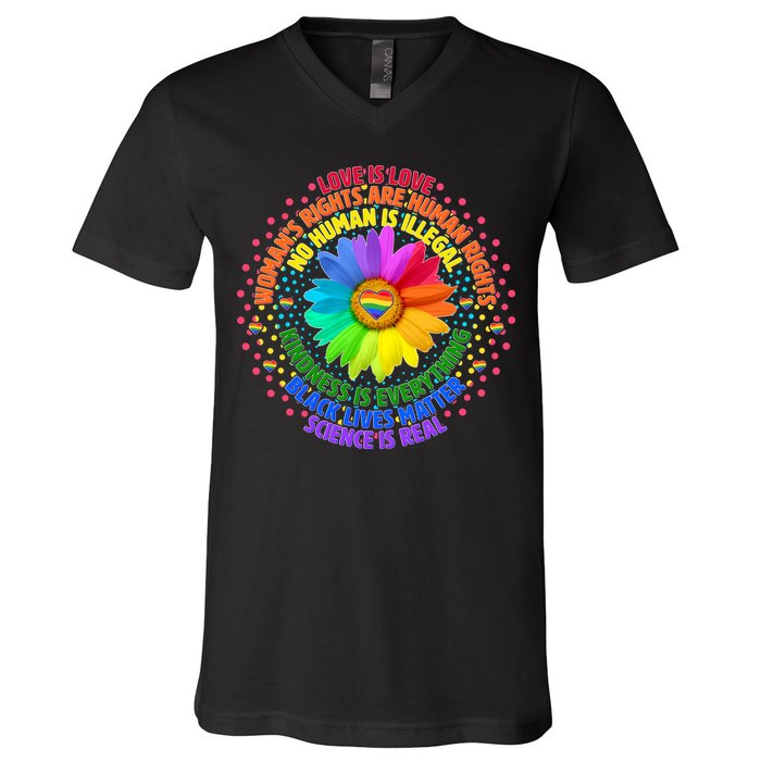 Love Is Love Rainbow Flower Unity V-Neck T-Shirt