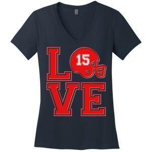 Love Kansas City KC Football No15 Mahomes Fan Women's V-Neck T-Shirt