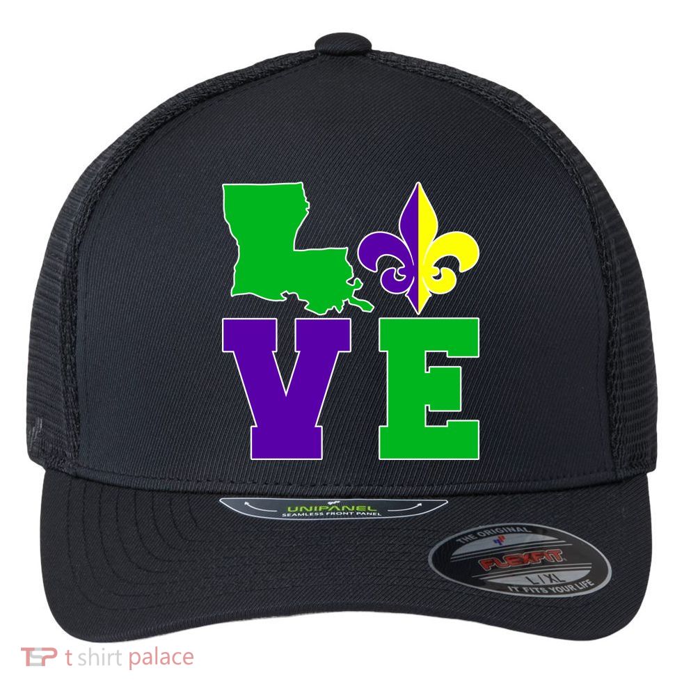 Love Mardi Gras Louisiana Flexfit Unipanel Trucker Cap