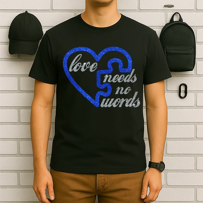 Love Needs No Words Autism Awareness Heart Puzzle T-Shirt