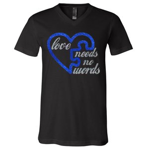 Love Needs No Words Autism Awareness Heart Puzzle V-Neck T-Shirt