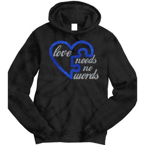 Love Needs No Words Autism Awareness Heart Puzzle Tie Dye Hoodie