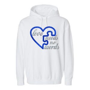 Love Needs No Words Autism Awareness Heart Puzzle Garment-Dyed Fleece Hoodie