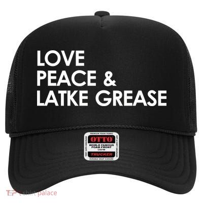 Love Peace & Latke Grease Funny Hanukkah High Crown Mesh Back Trucker Hat