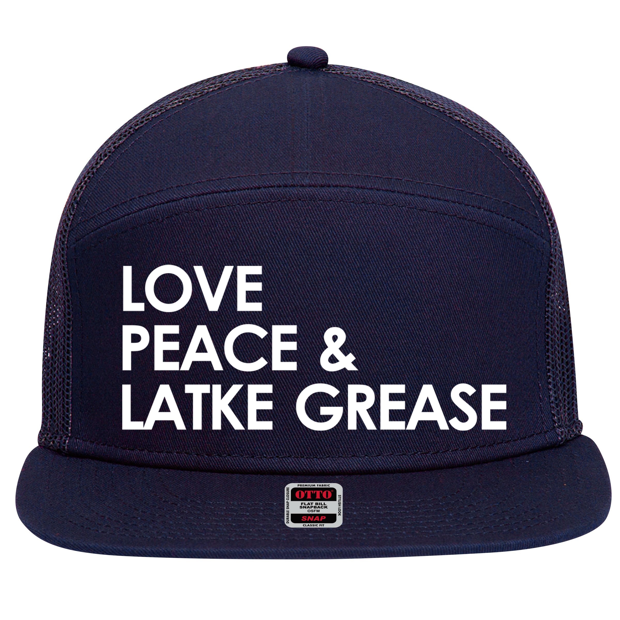 Love Peace & Latke Grease Funny Hanukkah 7 Panel Mesh Trucker Snapback Hat