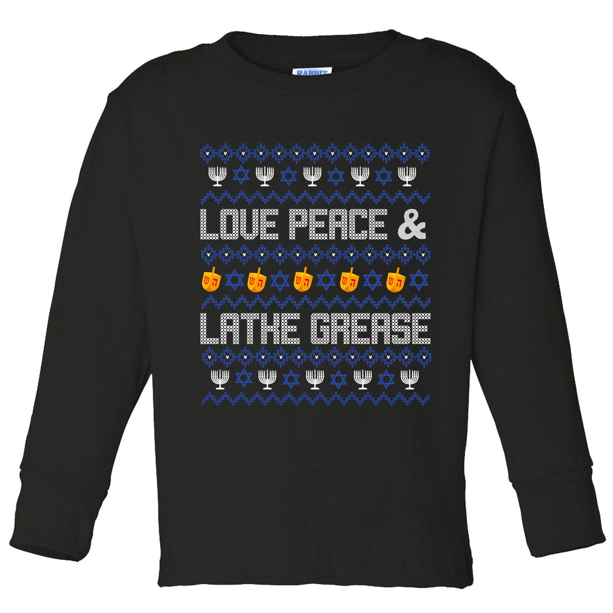 Love Peace & Latke Grease Hanukkah Ugly Toddler Long Sleeve Shirt