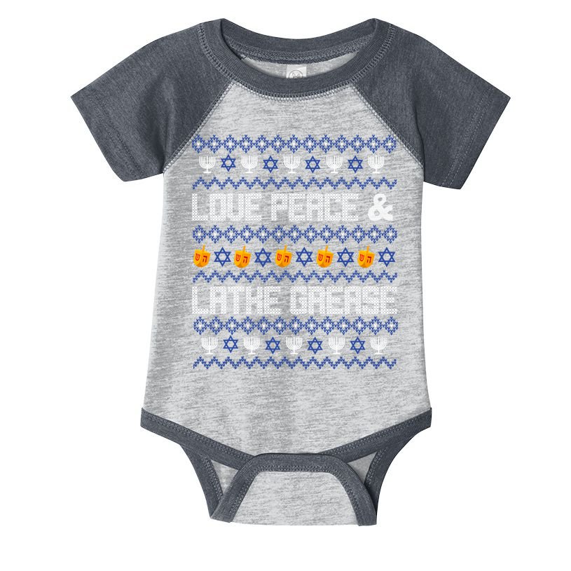 Love Peace & Latke Grease Hanukkah Ugly Infant Baby Jersey Bodysuit
