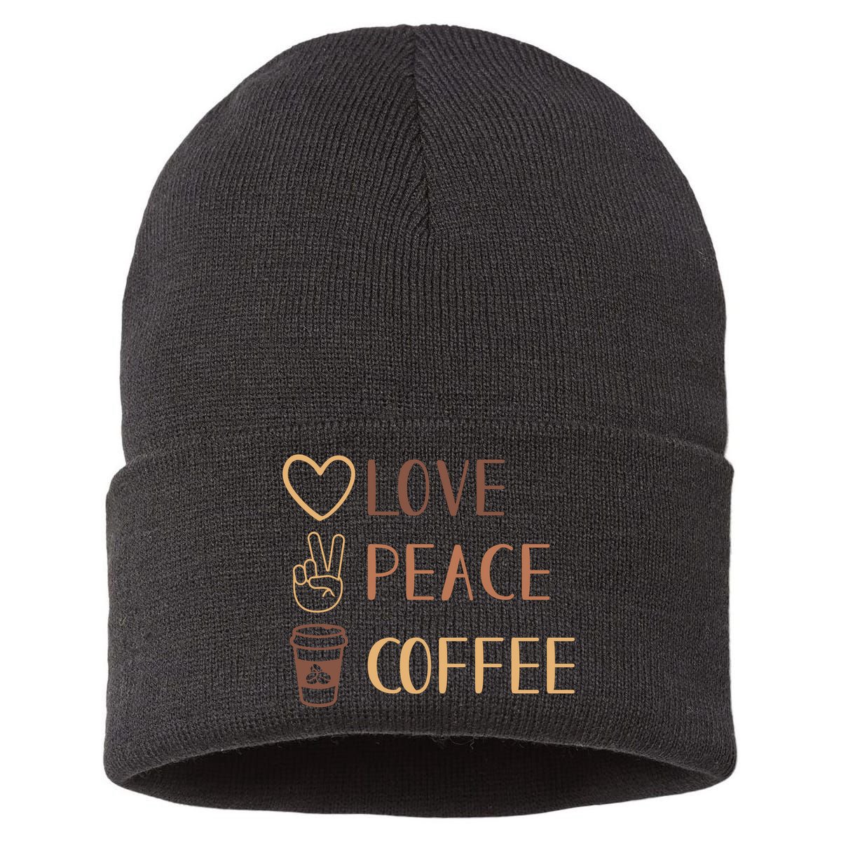 Love Peace Coffee Funny Sustainable Knit Beanie