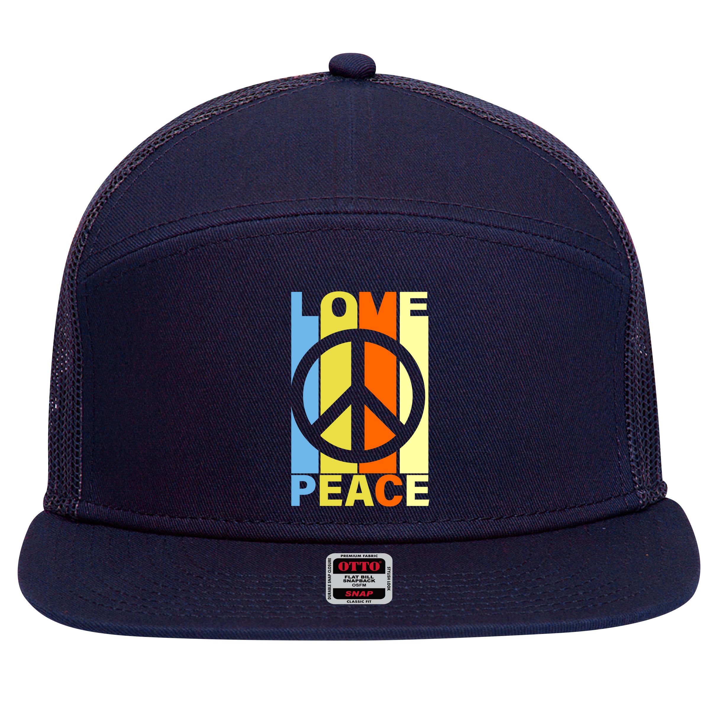 Love Peace Hippie Retro 7 Panel Mesh Trucker Snapback Hat