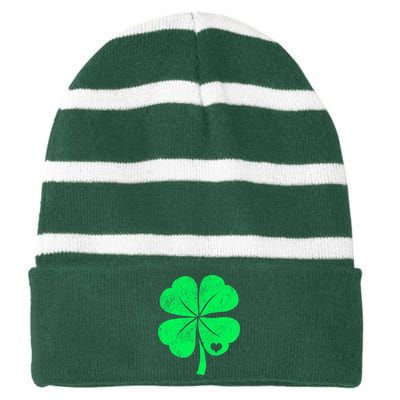 Love Shamrock Vintage Distressed Irish Clover Striped Beanie with Solid Band