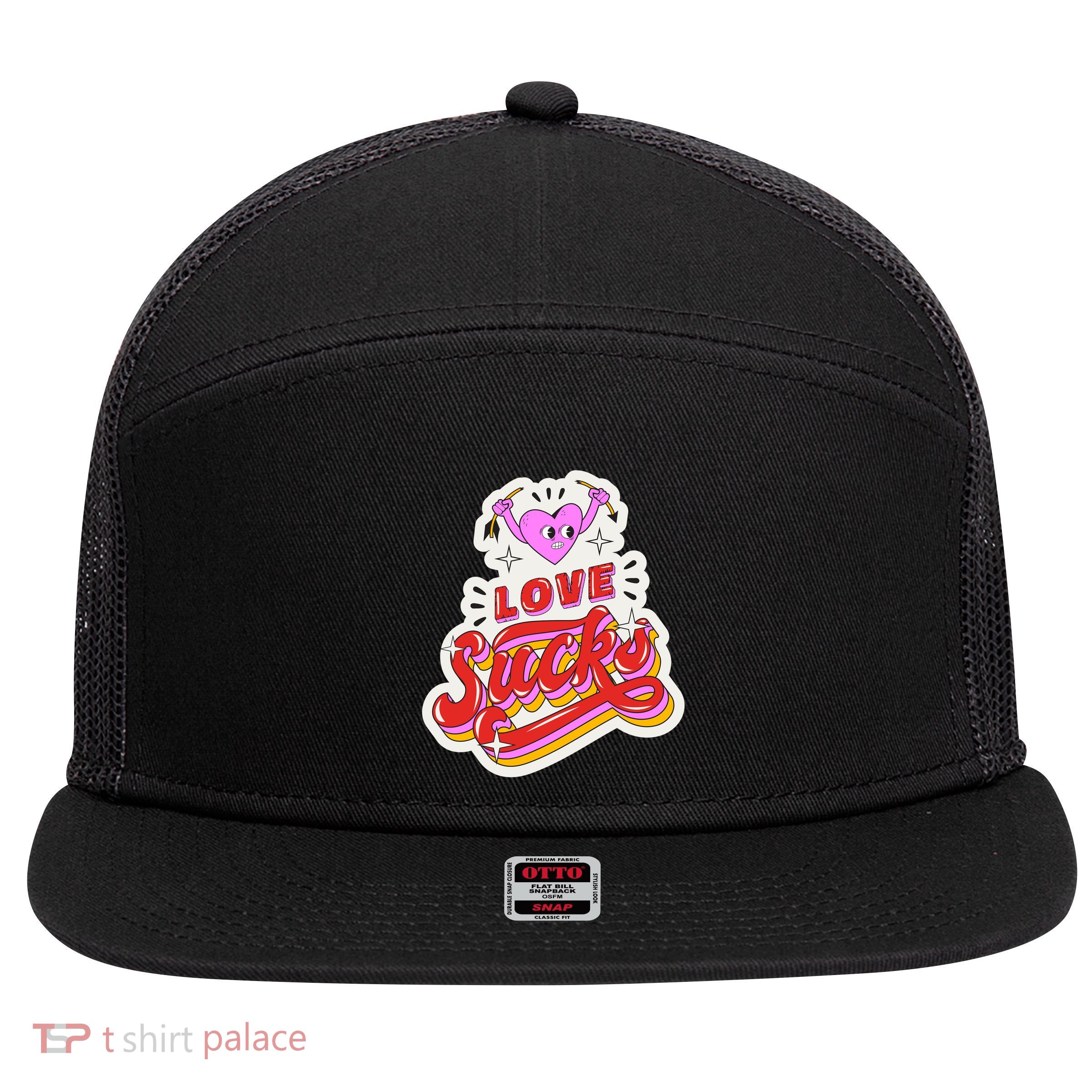 Love Sucks Funny Valentine's Day 7 Panel Mesh Trucker Snapback Hat