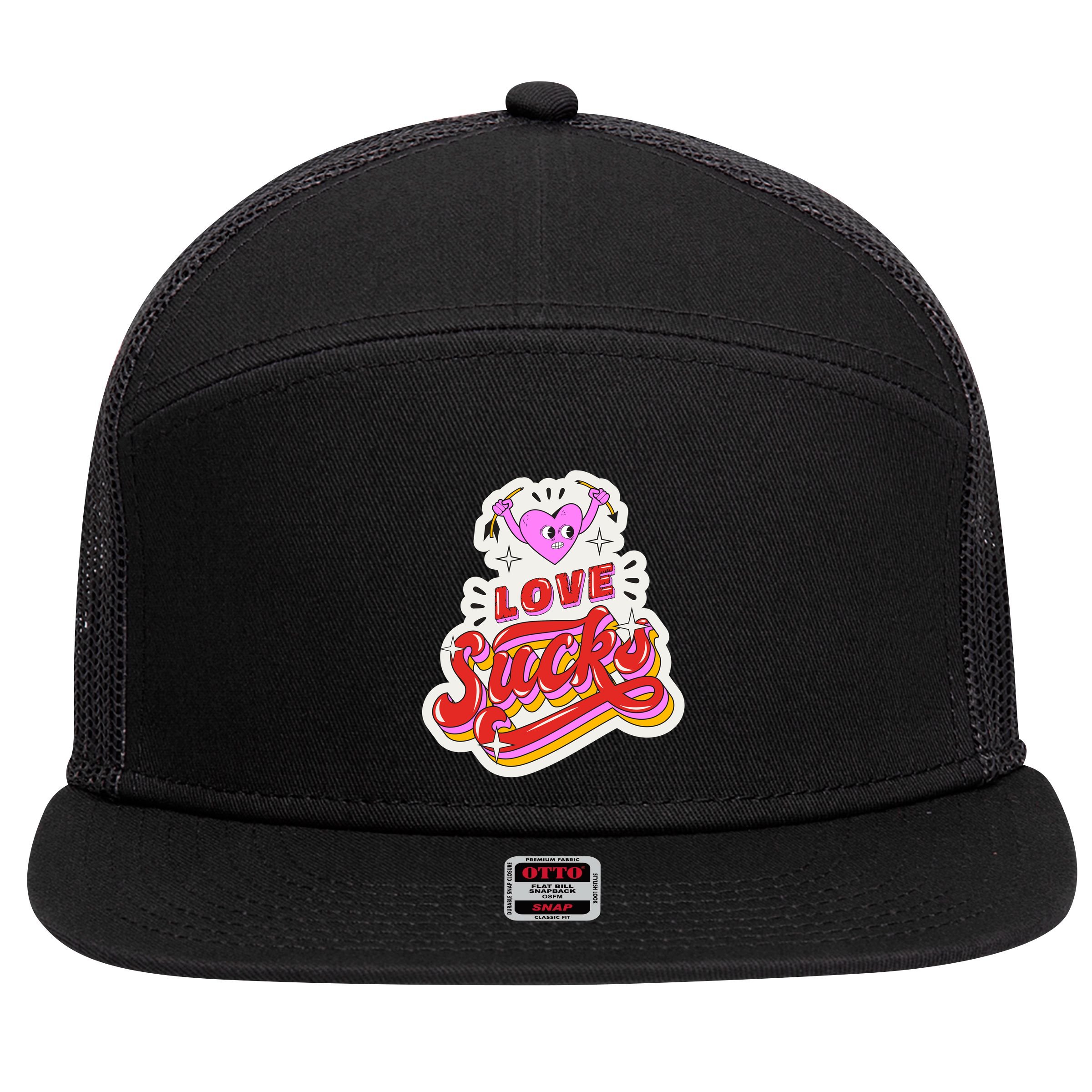 Love Sucks Funny Valentine's Day 7 Panel Mesh Trucker Snapback Hat