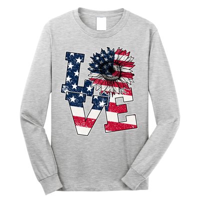 Love Sunflower Patriotic American Flag 4th Of July Long Sleeve Shirt