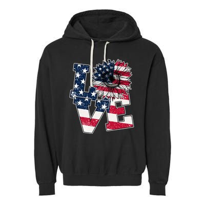 Love Sunflower Patriotic American Flag 4th Of July Garment-Dyed Fleece Hoodie