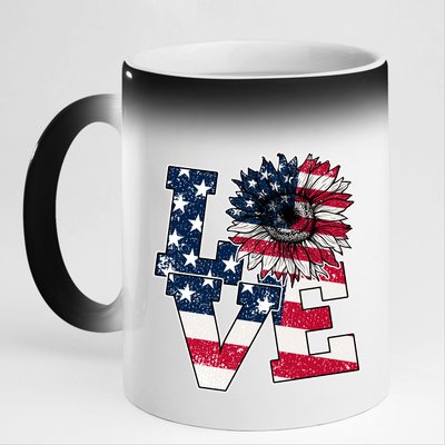 Love Sunflower Patriotic American Flag 4th Of July 11oz Black Color Changing Mug