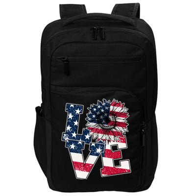 Love Sunflower Patriotic American Flag 4th Of July Impact Tech Backpack