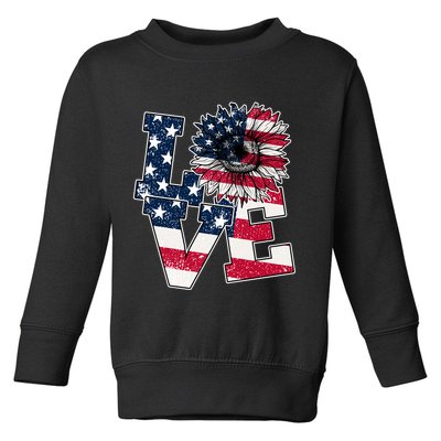 Love Sunflower Patriotic American Flag 4th Of July Toddler Sweatshirt