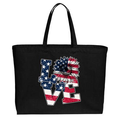 Love Sunflower Patriotic American Flag 4th Of July Cotton Canvas Jumbo Tote