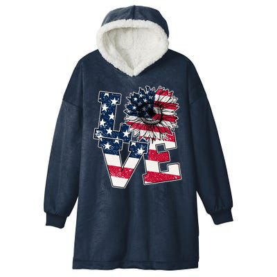 Love Sunflower Patriotic American Flag 4th Of July Hooded Wearable Blanket