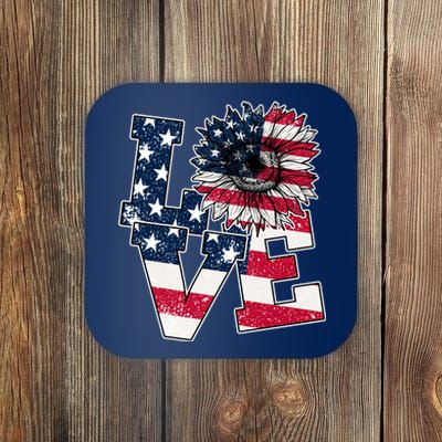 Love Sunflower Patriotic American Flag 4th Of July Coaster