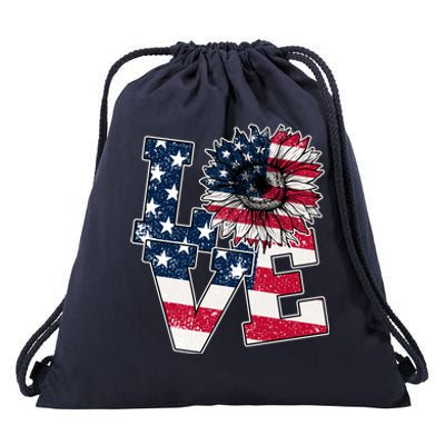 Love Sunflower Patriotic American Flag 4th Of July Drawstring Bag