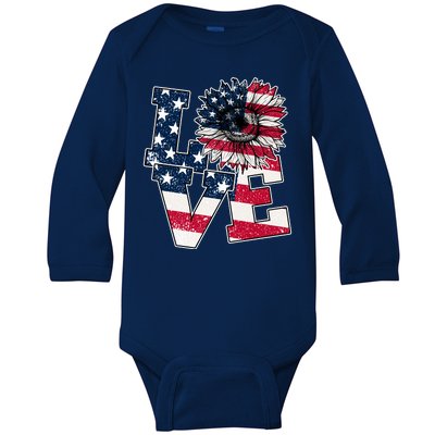 Love Sunflower Patriotic American Flag 4th Of July Baby Long Sleeve Bodysuit