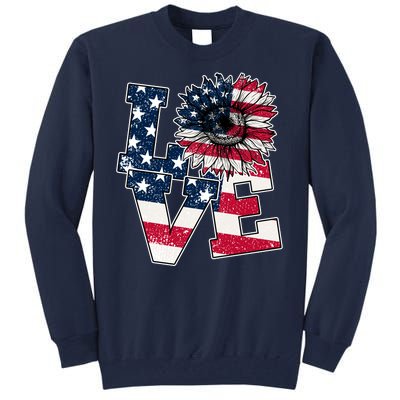 Love Sunflower Patriotic American Flag 4th Of July Tall Sweatshirt