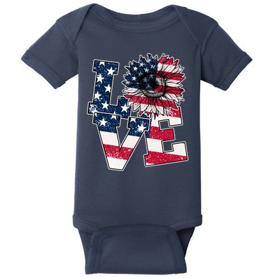 Love Sunflower Patriotic American Flag 4th Of July Baby Bodysuit