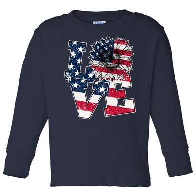 Love Sunflower Patriotic American Flag 4th Of July Toddler Long Sleeve Shirt