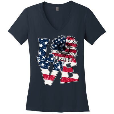 Love Sunflower Patriotic American Flag 4th Of July Women's V-Neck T-Shirt