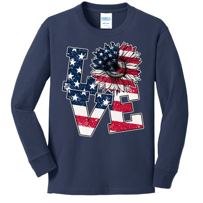 Love Sunflower Patriotic American Flag 4th Of July Kids Long Sleeve Shirt