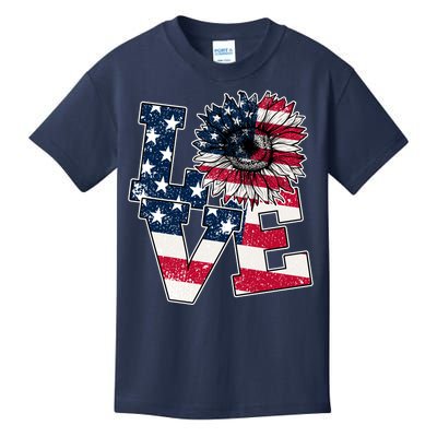 Love Sunflower Patriotic American Flag 4th Of July Kids T-Shirt