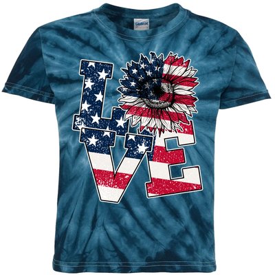 Love Sunflower Patriotic American Flag 4th Of July Kids Tie-Dye T-Shirt