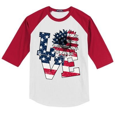 Love Sunflower Patriotic American Flag 4th Of July Kids Colorblock Raglan Jersey